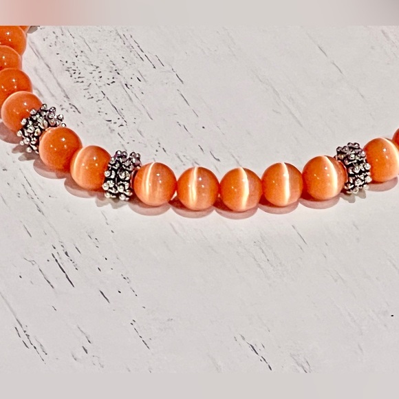 Orange Cat-Eye Handmade Beaded Ankle Bracelet with Silver Daisy Accents - Picture 5 of 6
